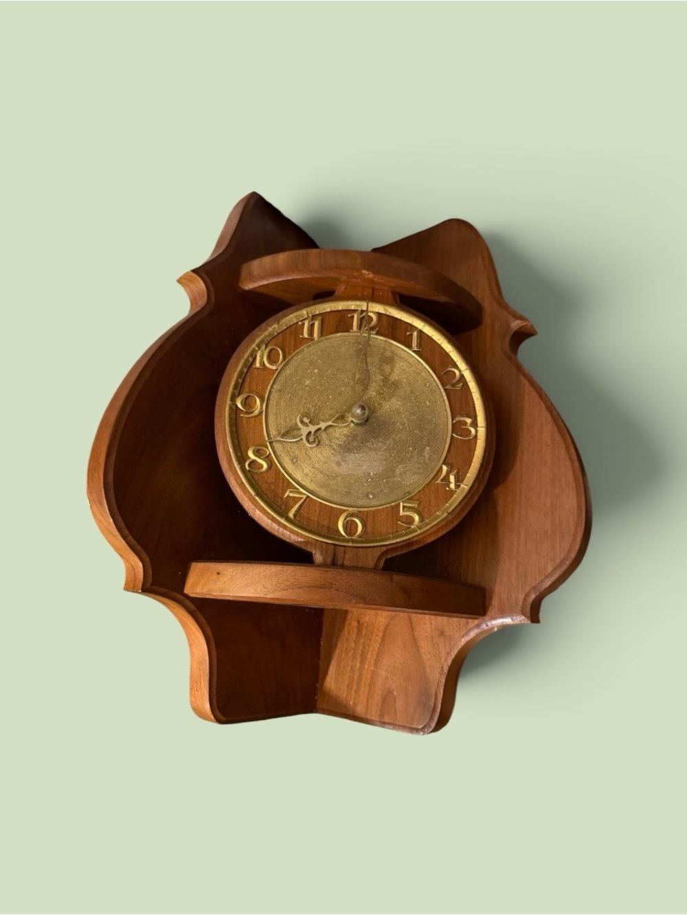 Vintage~Wood Wall Corner Clock~Analog~Gold Tone Face~Mid-Century Modern